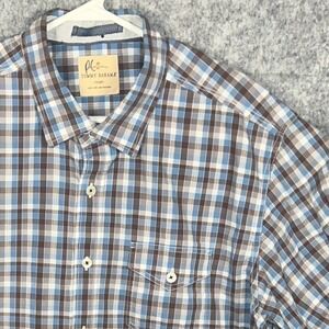 Tommy Bahama Jeans Mens XL Blue Brown Plaid Long Sleeve Cotton Button Down Shirt
